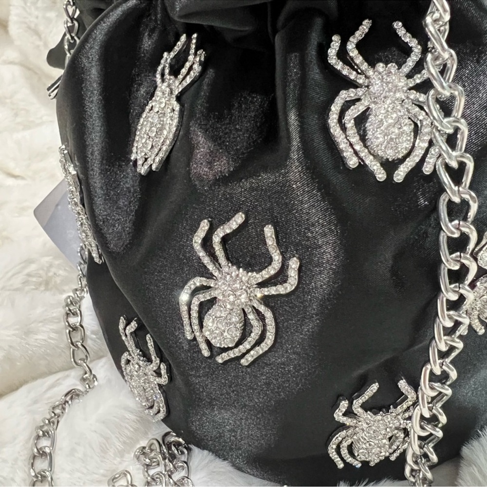 Elegant Black Satin Mini Hand Bag with Silver Spider Embellishments - Picture 3 of 7